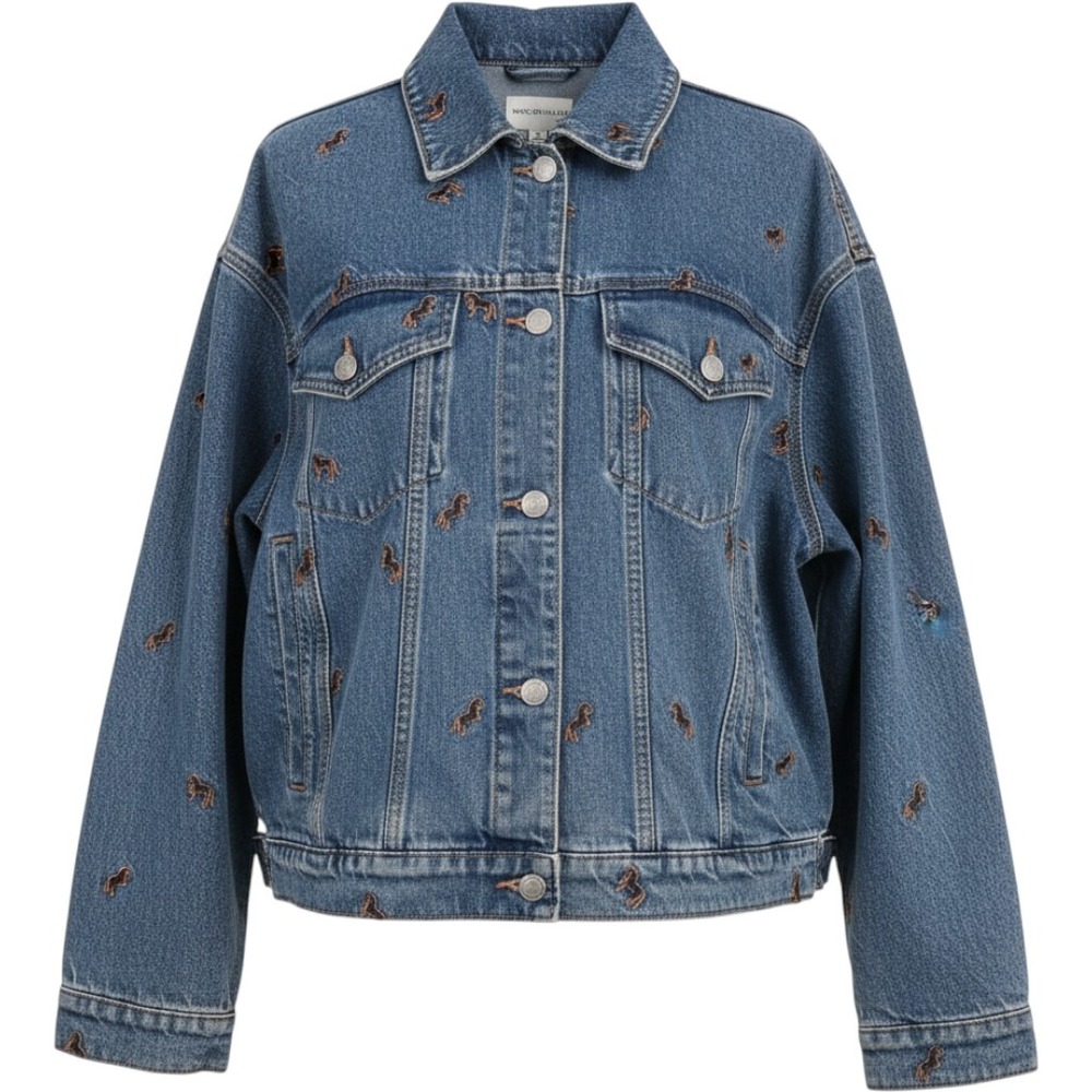 UO BDG Denim Trucker Jacket Womens S Blue Excellent Horse Embroidered Western